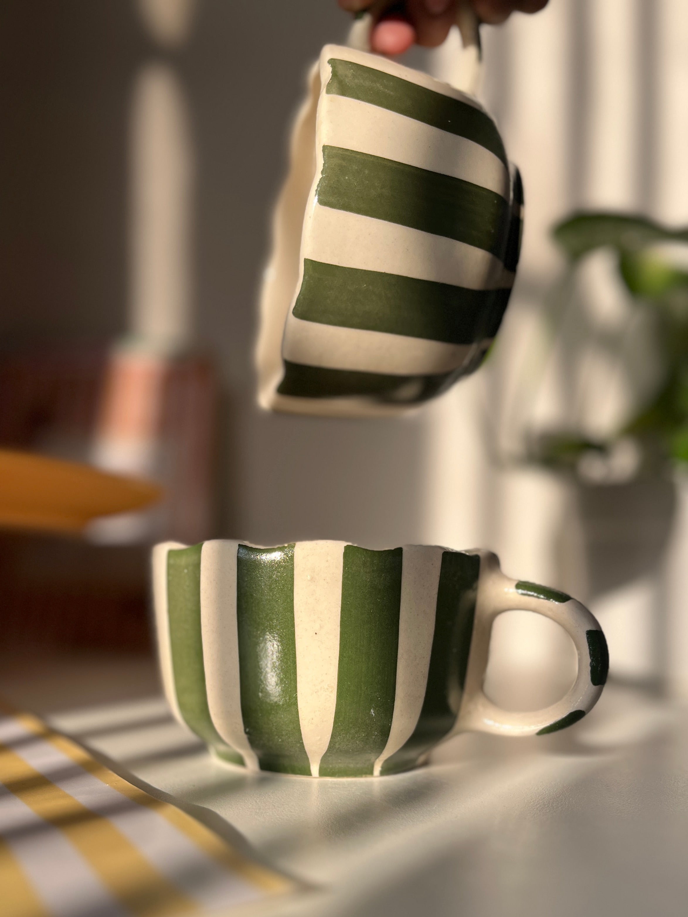 Green Stripes coffee cappucino mug broad and chunky