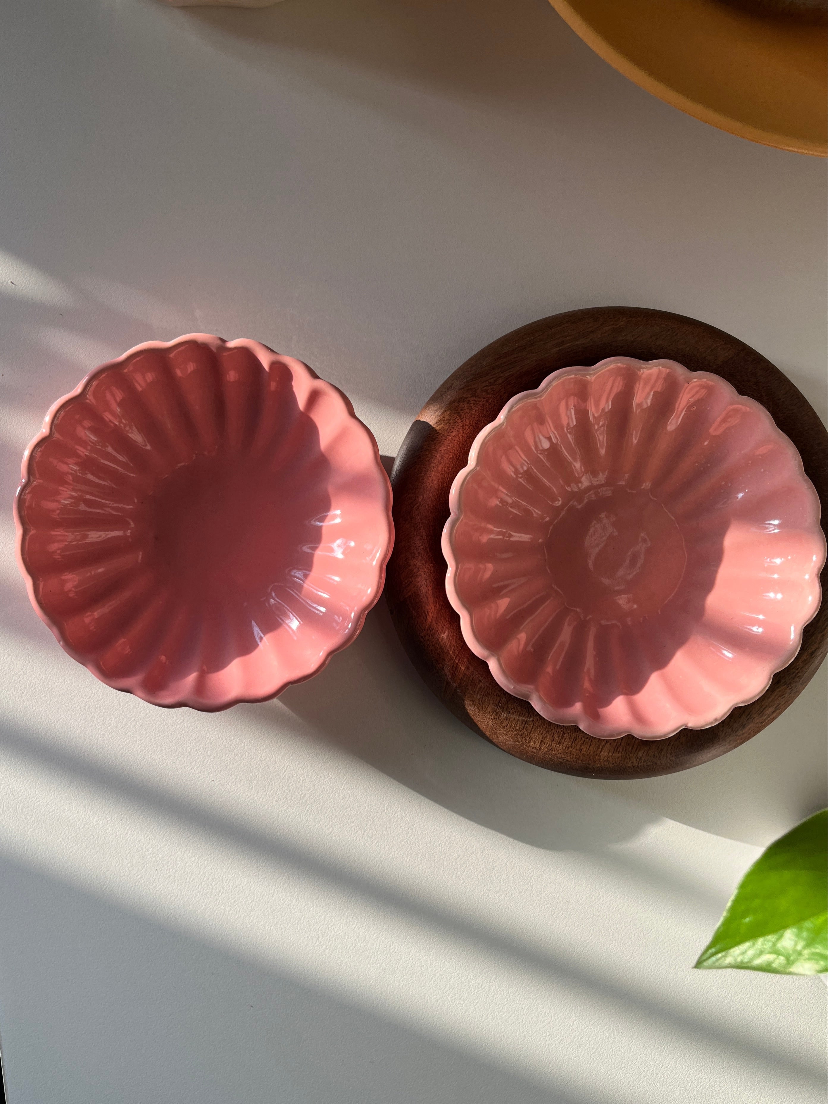 Two pink ceramic dishes on a white surface with a plant leaf in the corner.