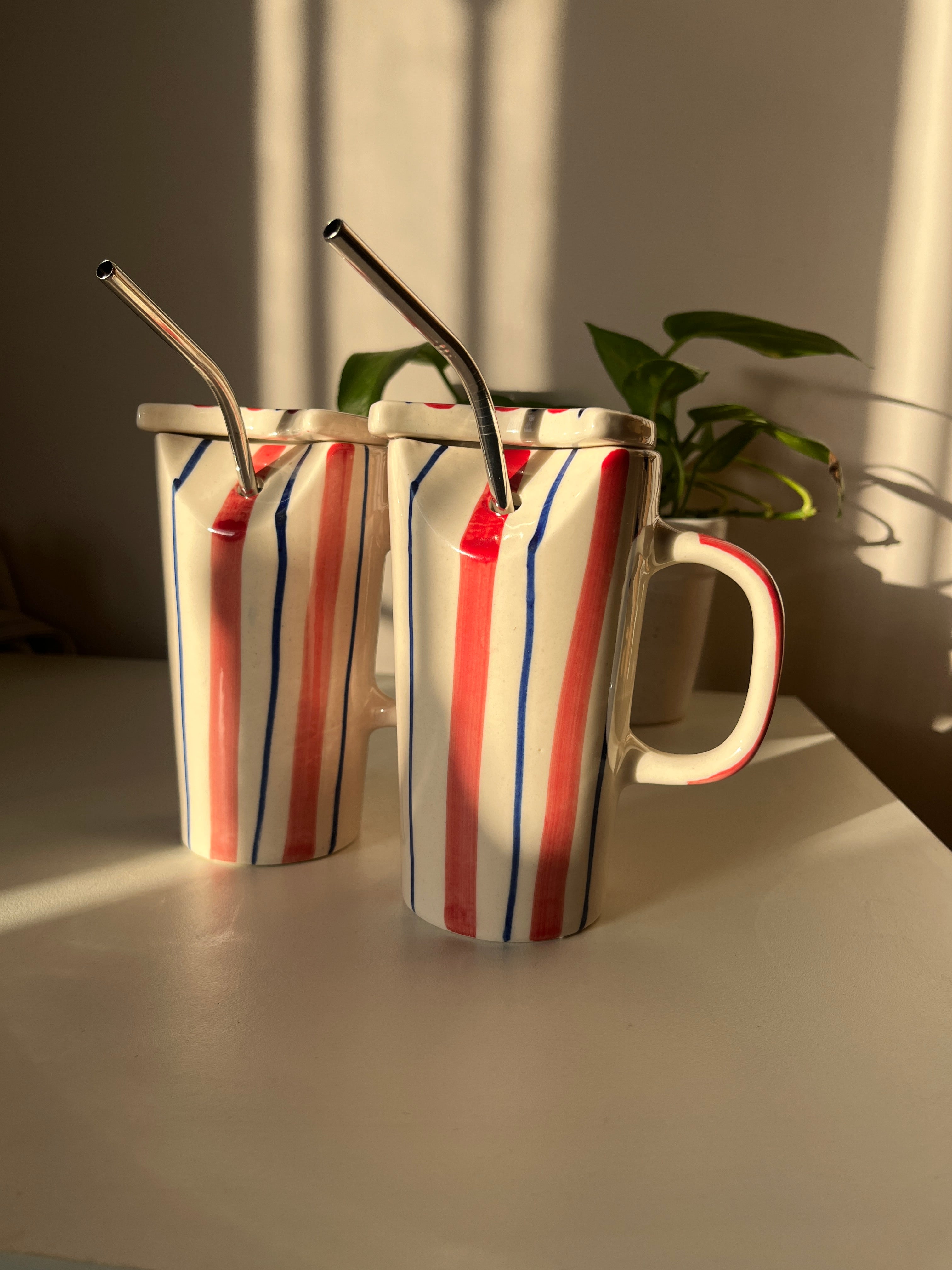 Sailor Red and Blue Striped Ceramic Sipper with Metal Straw - Single