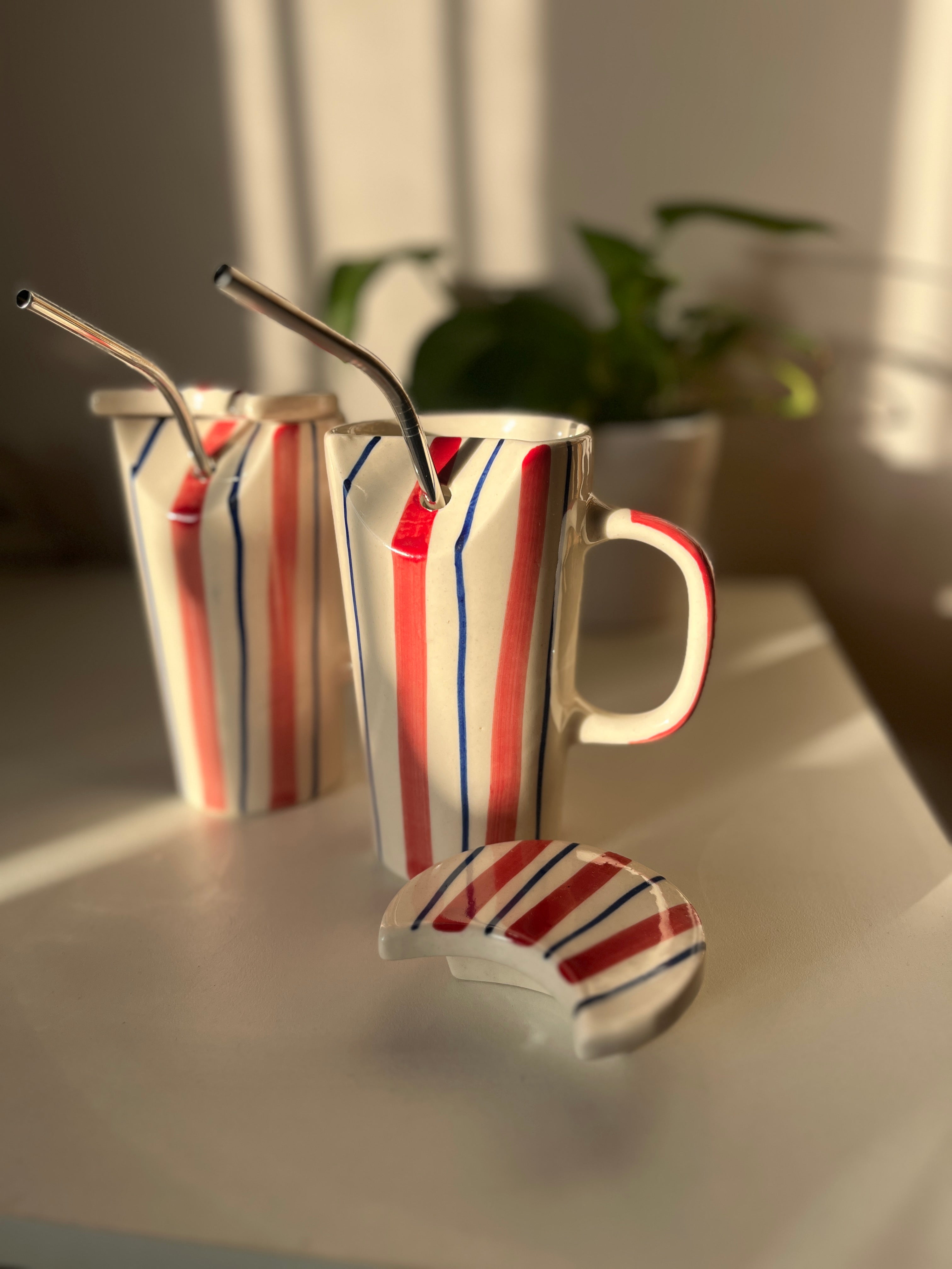 Sailor Red and Blue Striped Ceramic Sipper with Metal Straw - Single