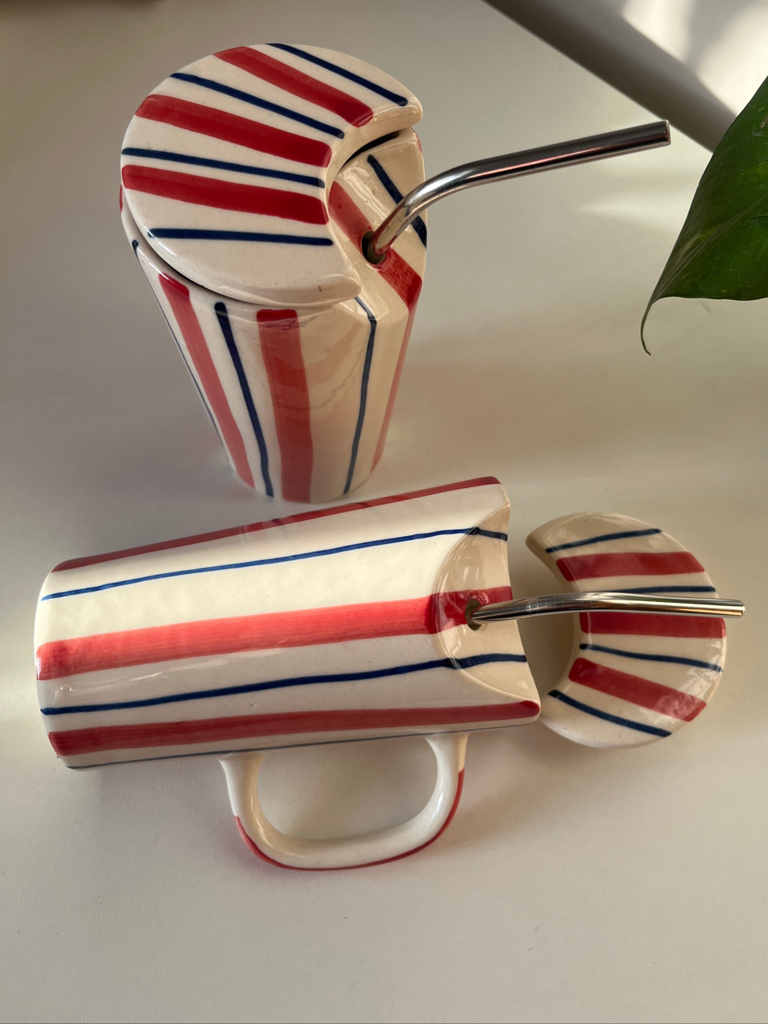 Sailor Red and Blue Striped Ceramic Sipper with Metal Straw - Single