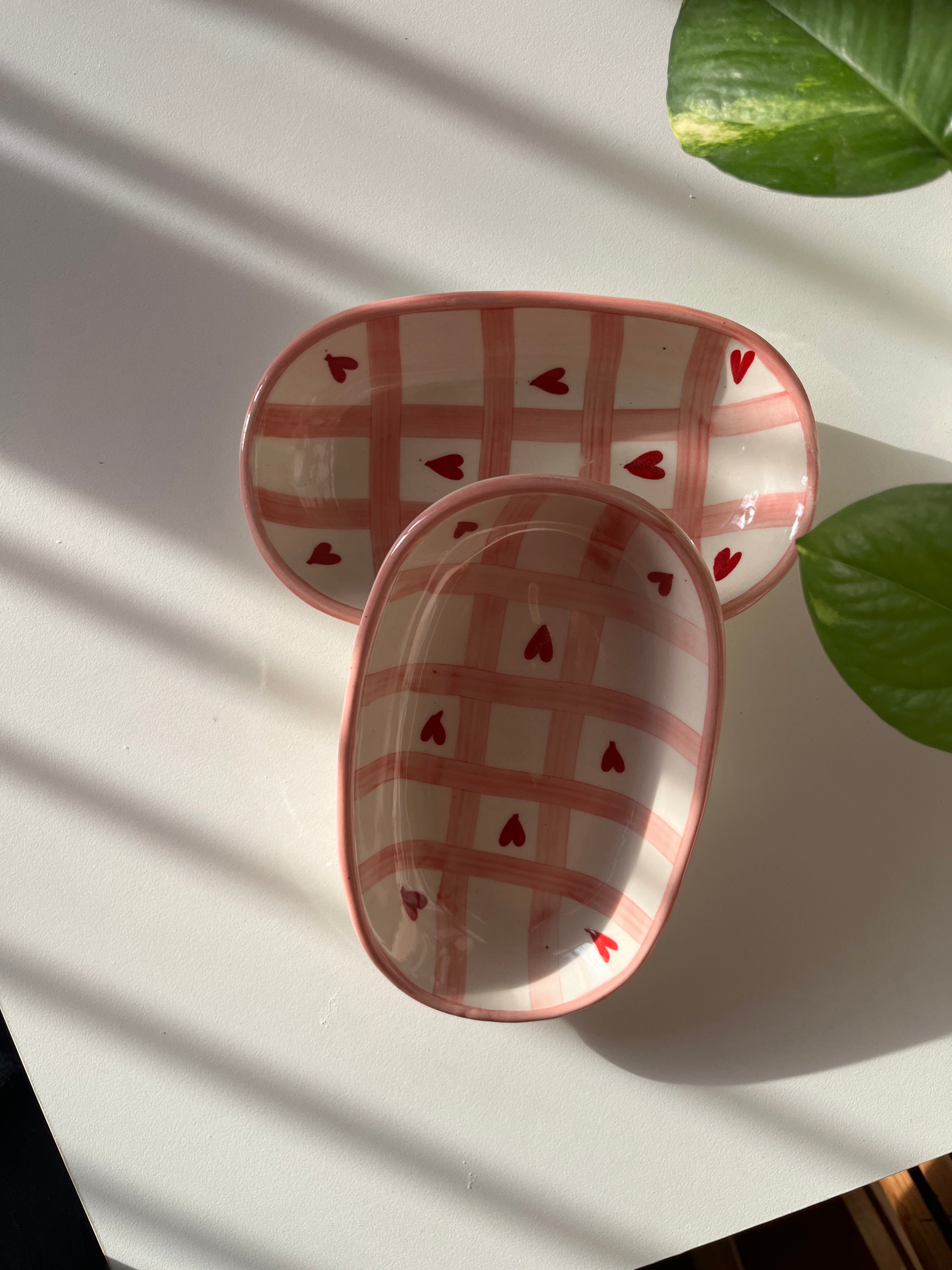 Super Dolce Ceramic Trinket Tray - Pink Checks and Red Hearts - Single
