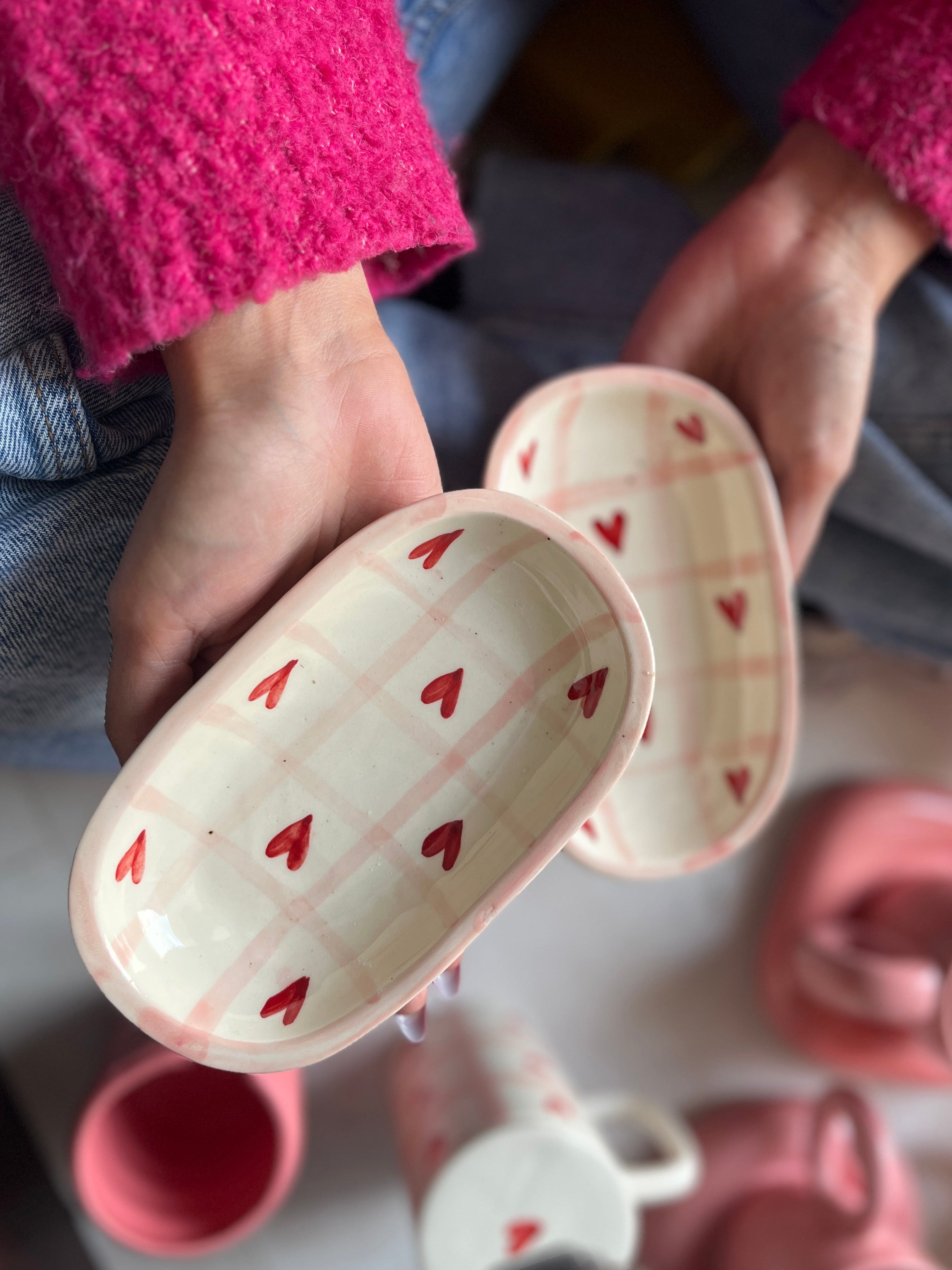 Trinket tray for small items, ceramic with red hearts and pink checks. 