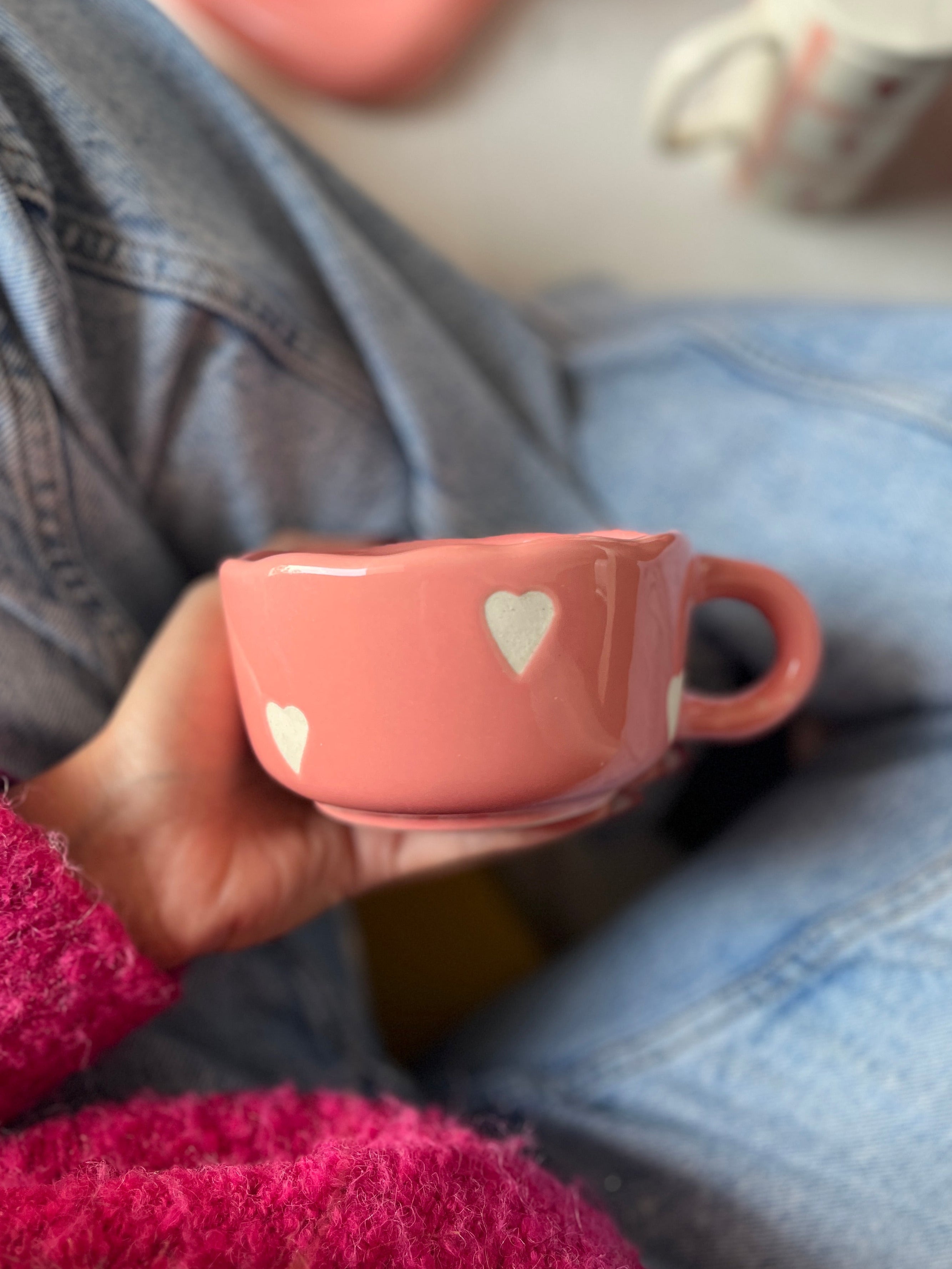 Chunky pink soup mug, cappucino mug with matte white hearts. 