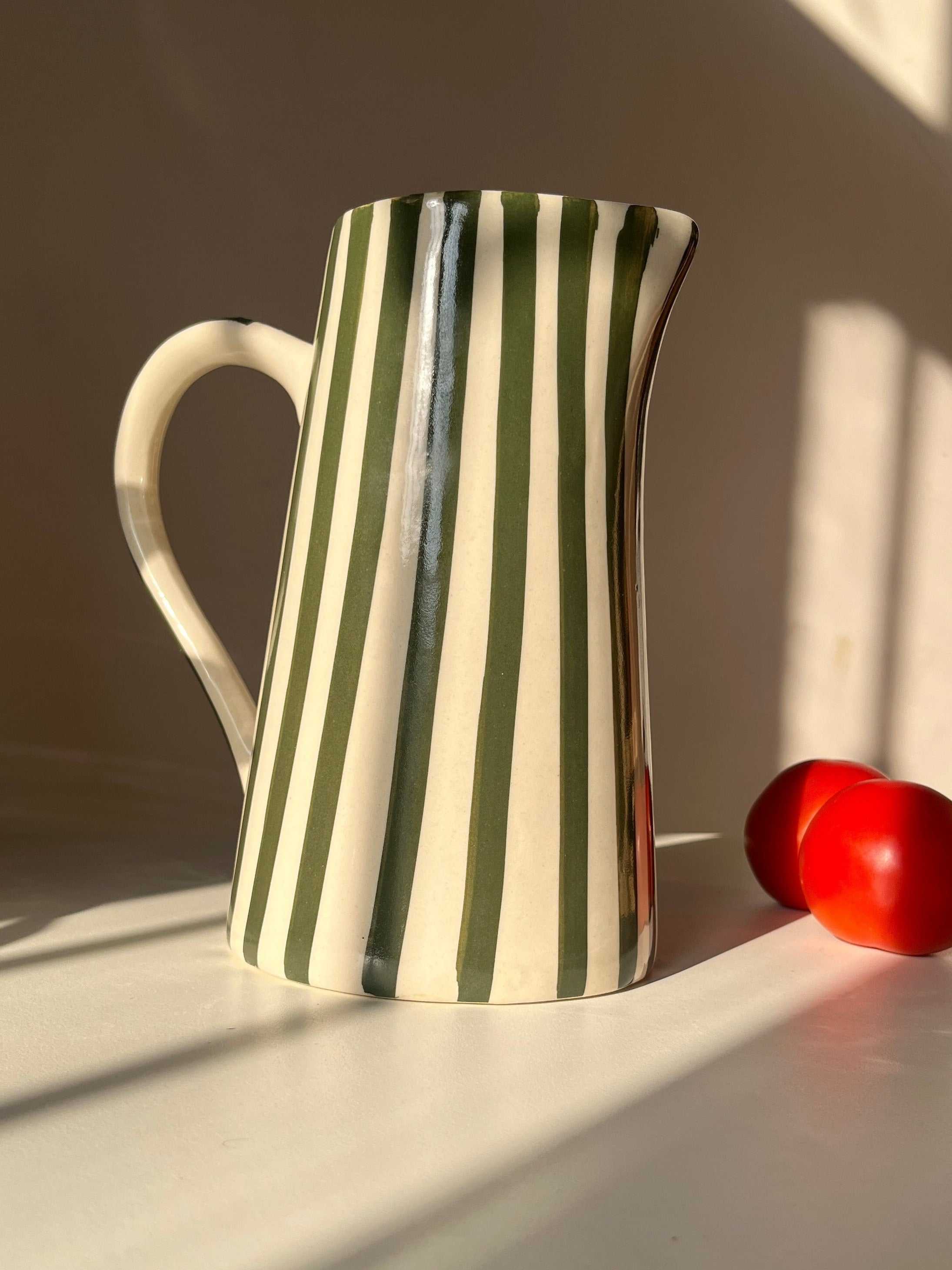 Basil Jug/Vase with hand-painted green stripes
