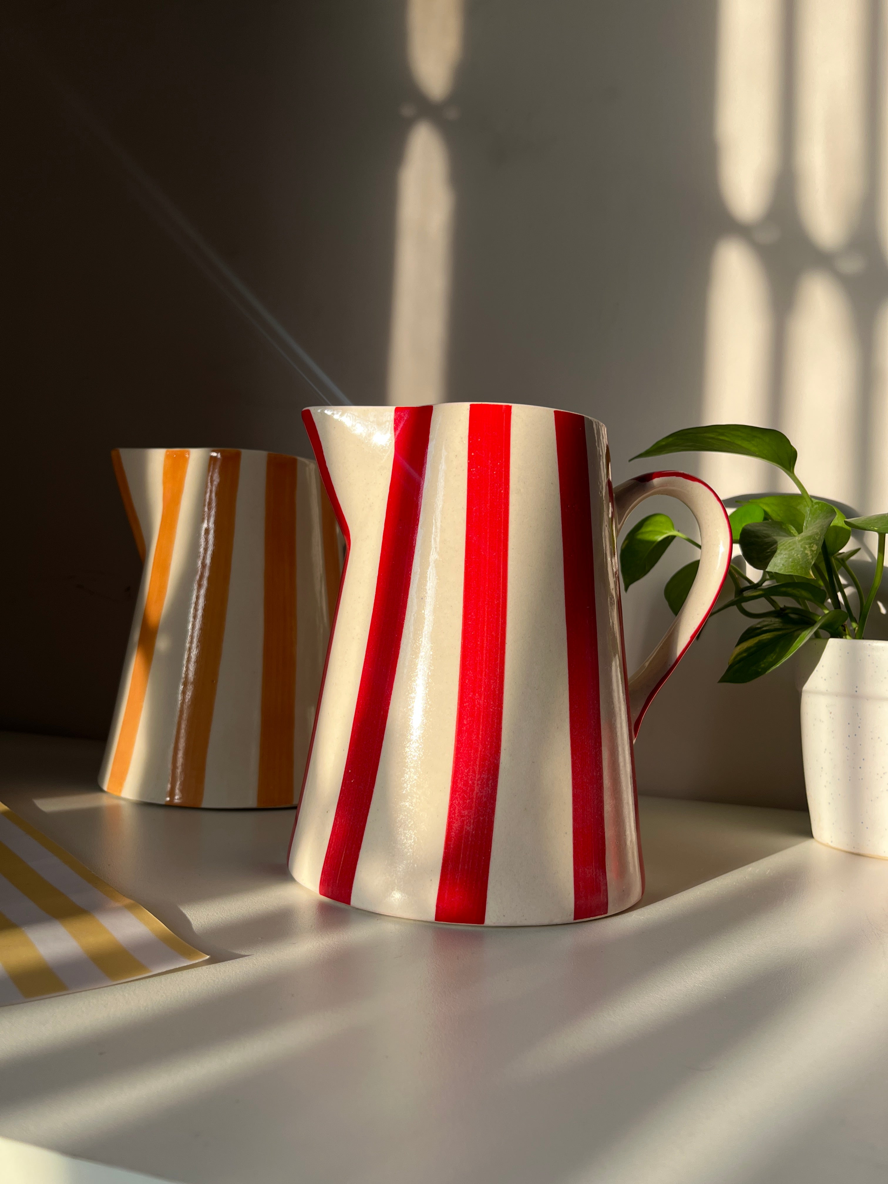 Red Gelato ceramic jug vase with hand-painted striped pattern