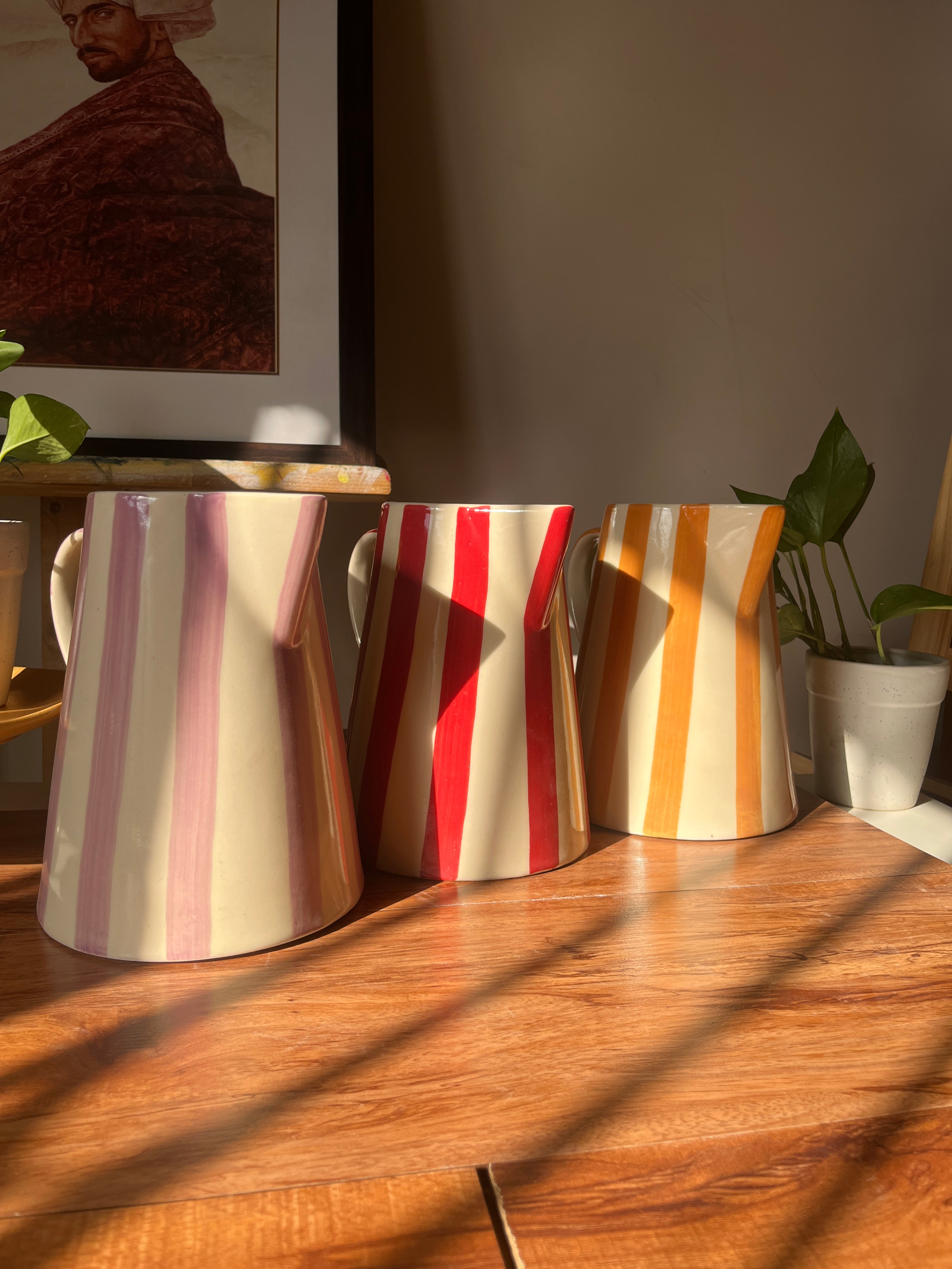 Gelato Jug/Vase Trio featuring red, yellow, and lavender ceramic jug vases.