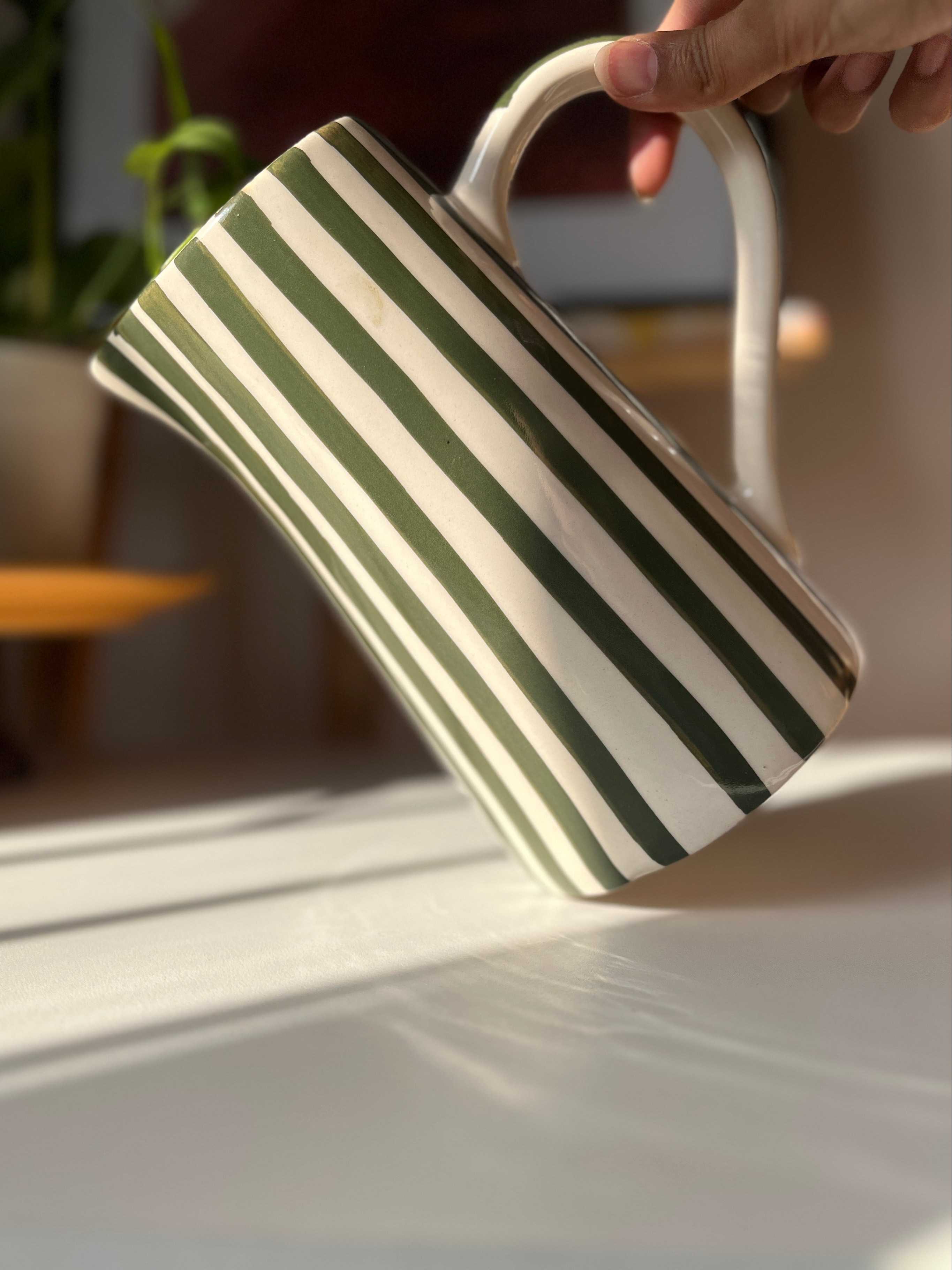 Ceramic jug vase with basil green stripe detailing