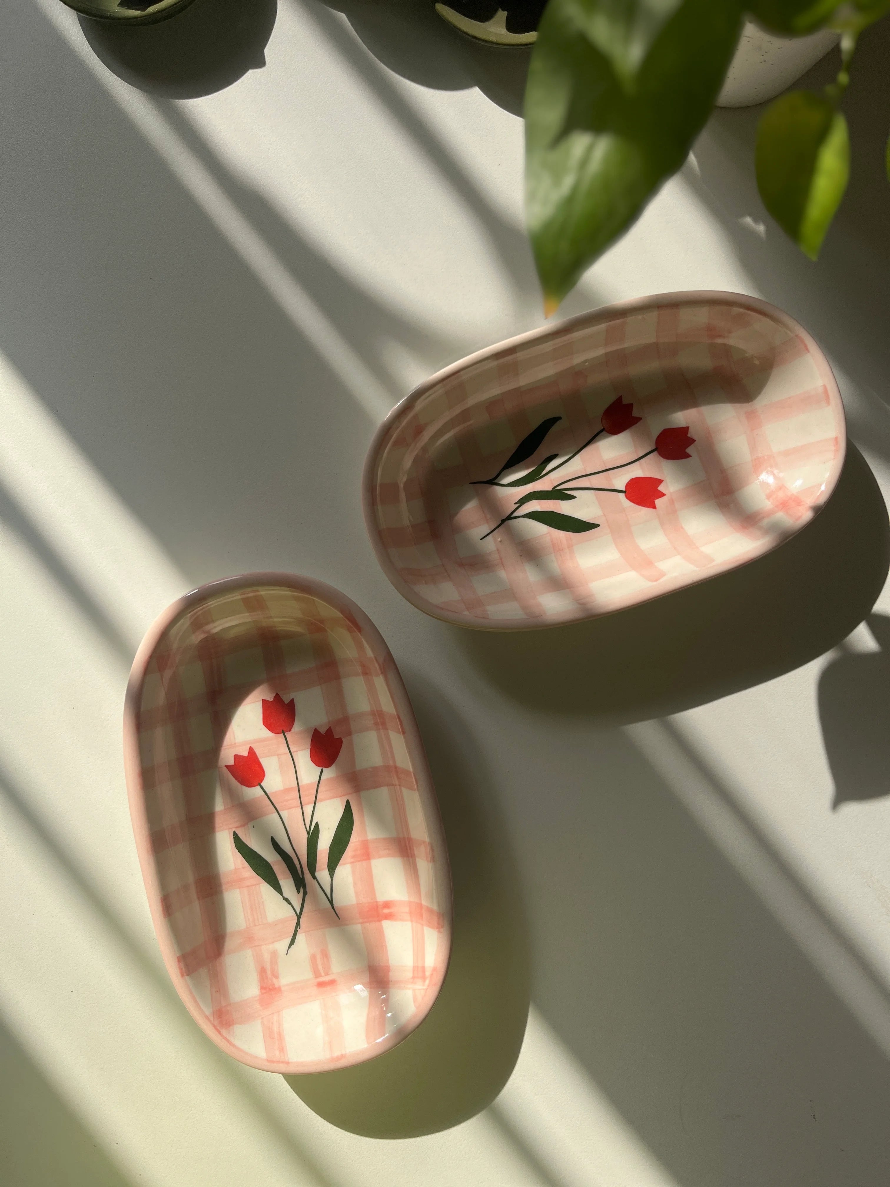 Two Pink Cottage ceramic trinket tray with hand-painted checks and tulips