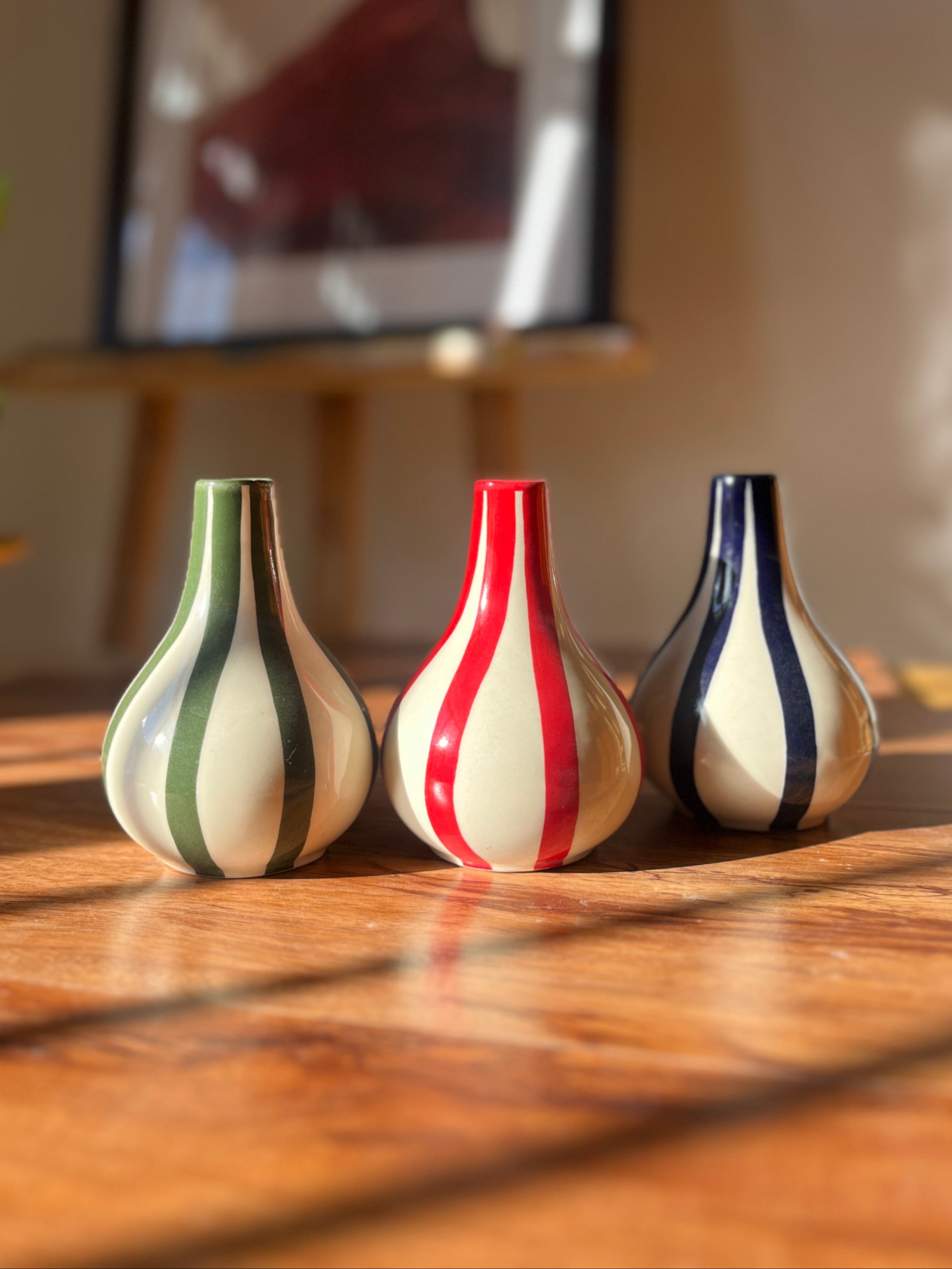 Stems & Stripes Piccolo Vase Trio featuring three small striped flower vases.
